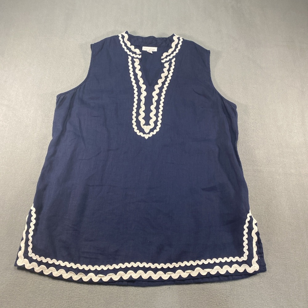 Charter‎ Club Tunic Top Womens L Navy Linen Rickrack Trim Sleeveless Split Neck